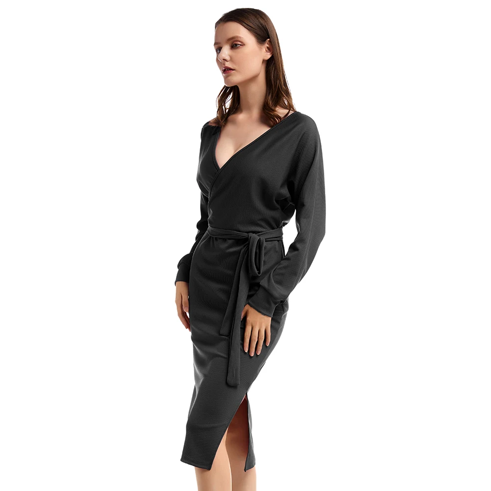 Bikitique однотонное с глубоким v-образным вырезом длинным рукавом Трикотажное