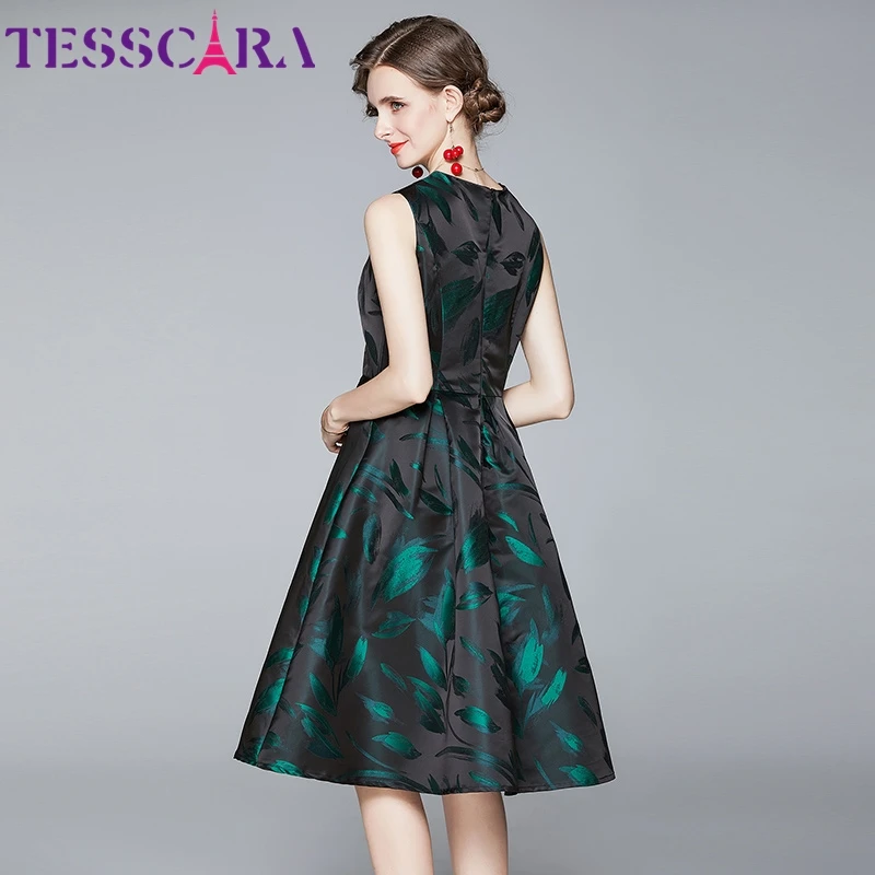 TESSCARA Women Luxury Jacquard Dress Festa High Quality Office Cocktail Party Robe Femme Vintage Designer Sleeveless Vestidos | Женская