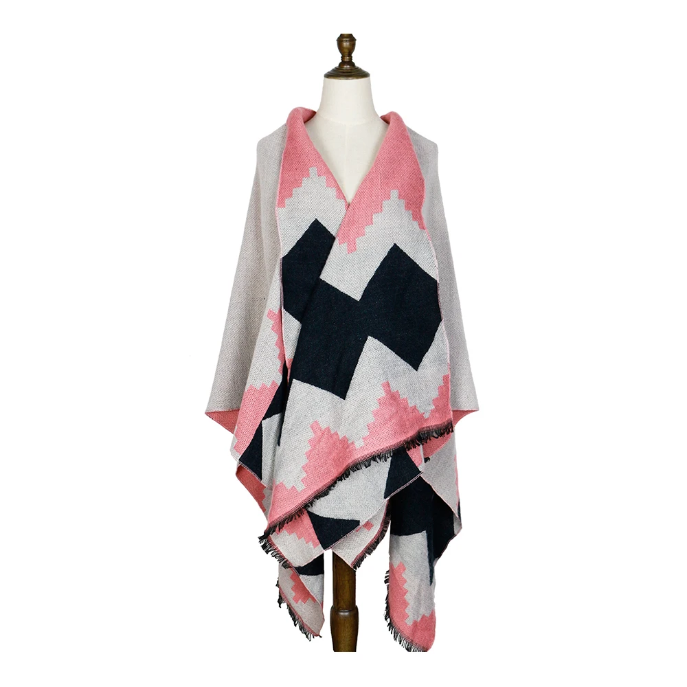 Женское розовое кашемировое пончо шаль кардиган ромбовидная накидка открытый