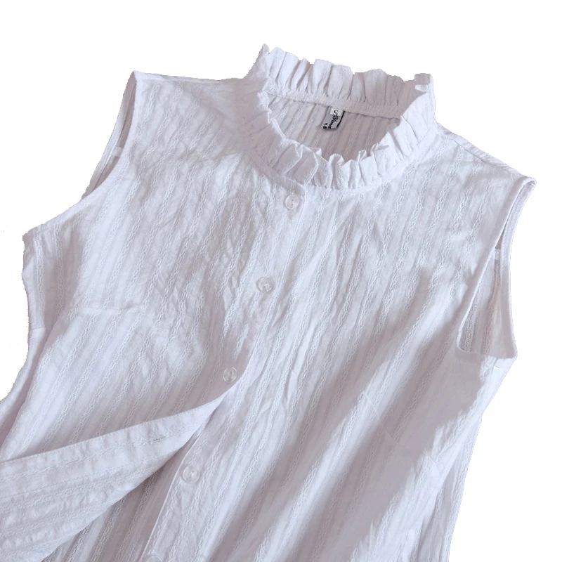

Spring and Summer New Sleeveless Cotton Office Lady Blouses White Ruffles Collar Elegant Womens Tops and Blouses