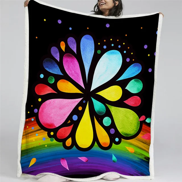 BlessLiving Rainbow Blankets For Beds 7 Chakra Flower Furry Blanket Petal Colorful Plush Bedspread Watercolor Sherpa Blanket 1