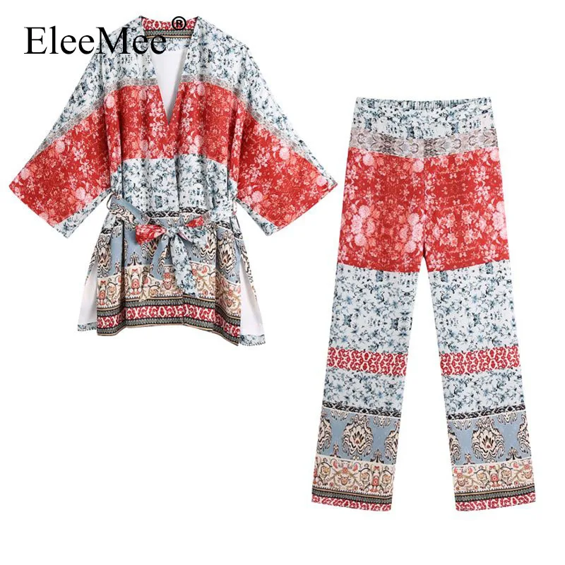 

Женский винтажный брючный комплект EleeMee, прямой стильный пиджак и брюки с цветочным принтом и V-образным вырезом, уличная одежда размера Xs-L