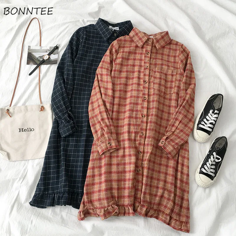 Платье женское с длинным рукавом простой элегантный клетчатый школьный наряд