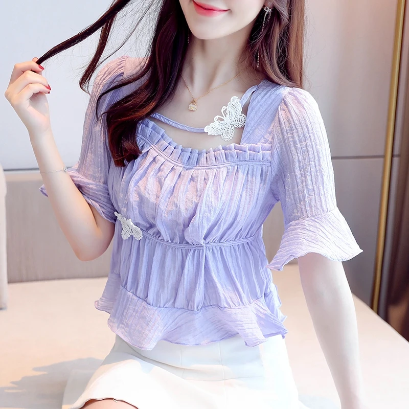 Женская шифоновая рубашка с бантом-бабочкой фиолетовая свободная кружевная - Фото №1