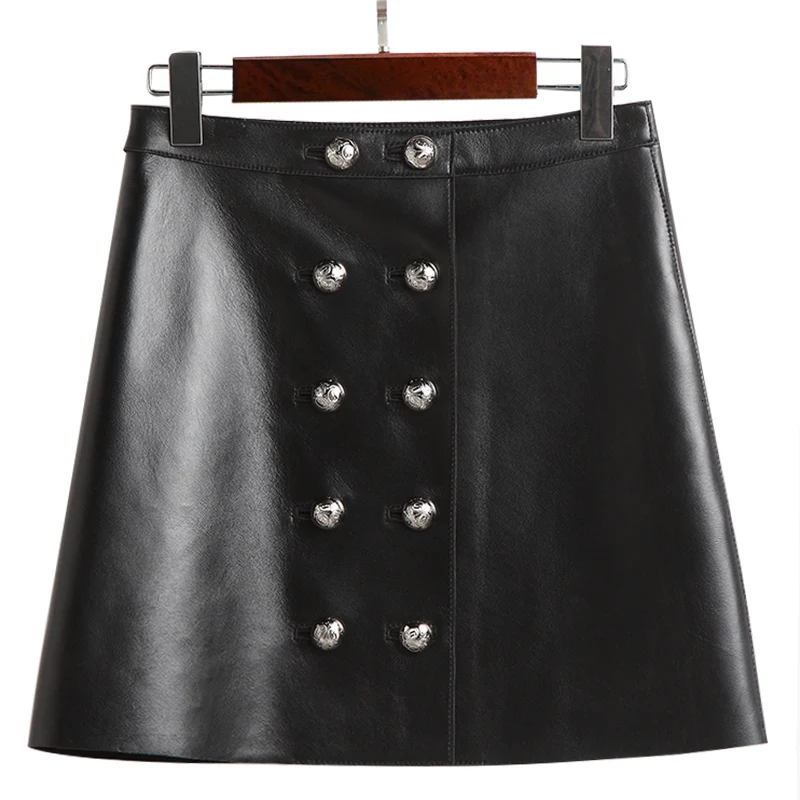 High Quality Woman Skirts Natural Leather Female Waist Fashion Double Breasted A Line Slim Fit Saia Feminina | Женская одежда
