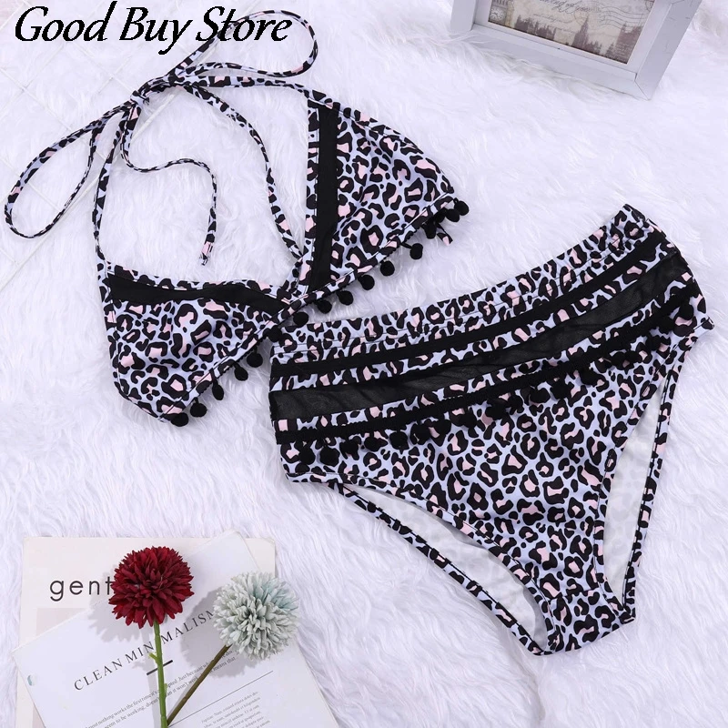 

Летняя Гавайская купальник с леопардовым принтом Пляжная Для женщин для отдыха из двух частей комплект бикини сексуальные с кисточками куп...