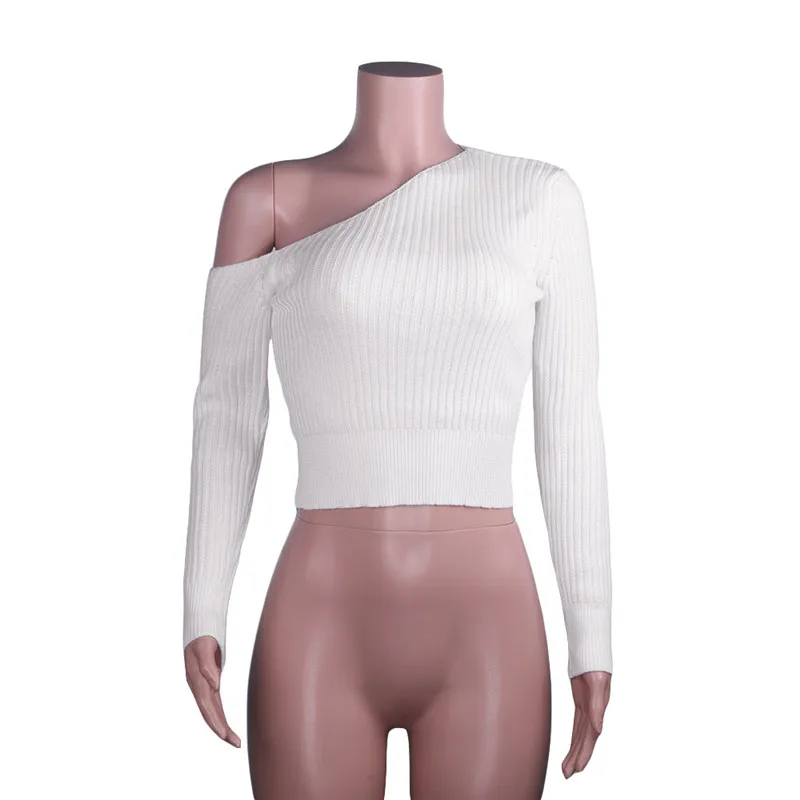 Yuqung Women One Shoulder White Knitted Sweater Oblique Collar High Street Long Sleeve Pullover Female Spring Jumper | Женская одежда