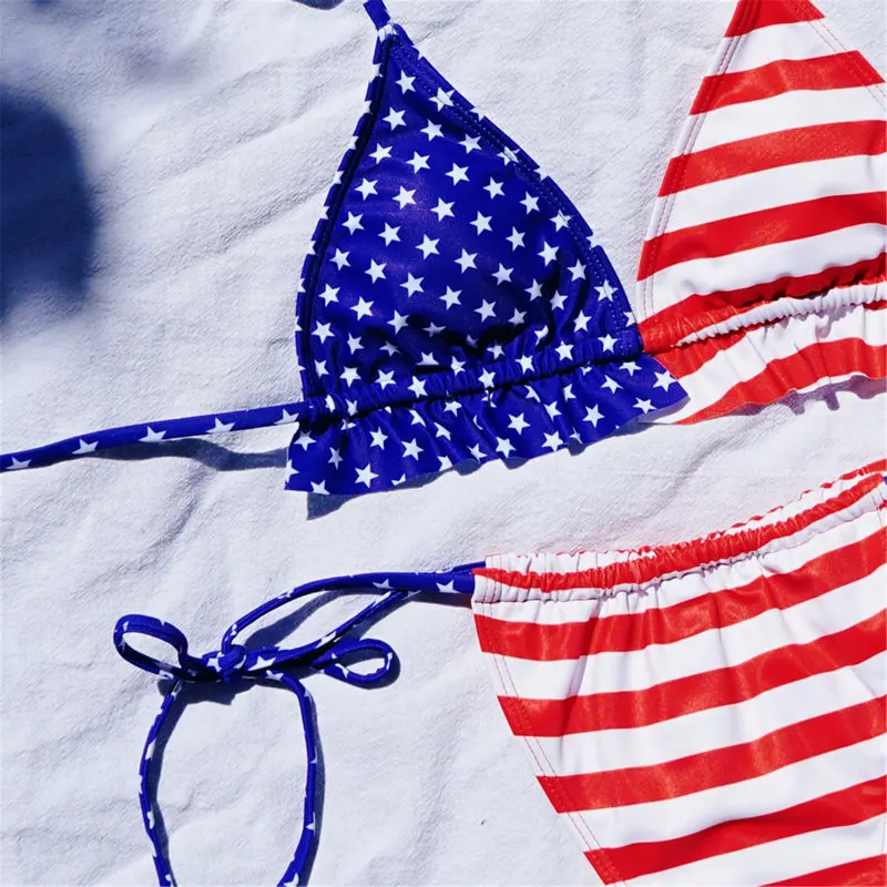 Микро Бикини Американский купальник с принтом флага 2 предмета лямкой на шее Для