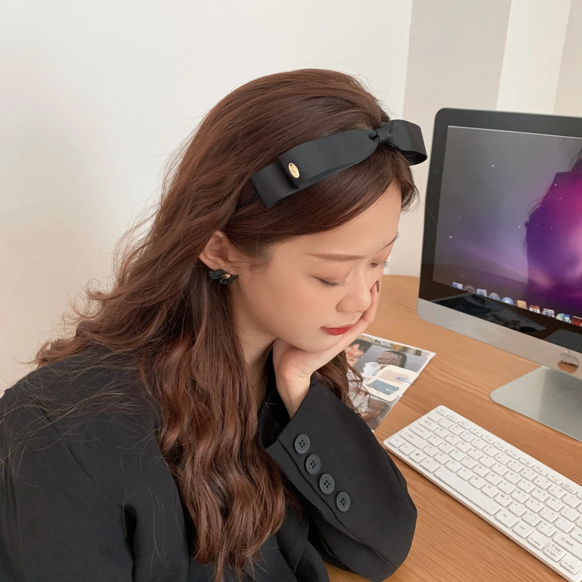 Женская винтажная повязка на голову Черная Широкая Повязка с бантом аксессуар