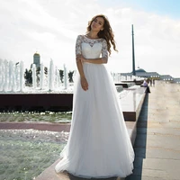 stylish wedding dress o neck lace long sleeve bridal gowns sweep train a line tulle wedding dress with applique
