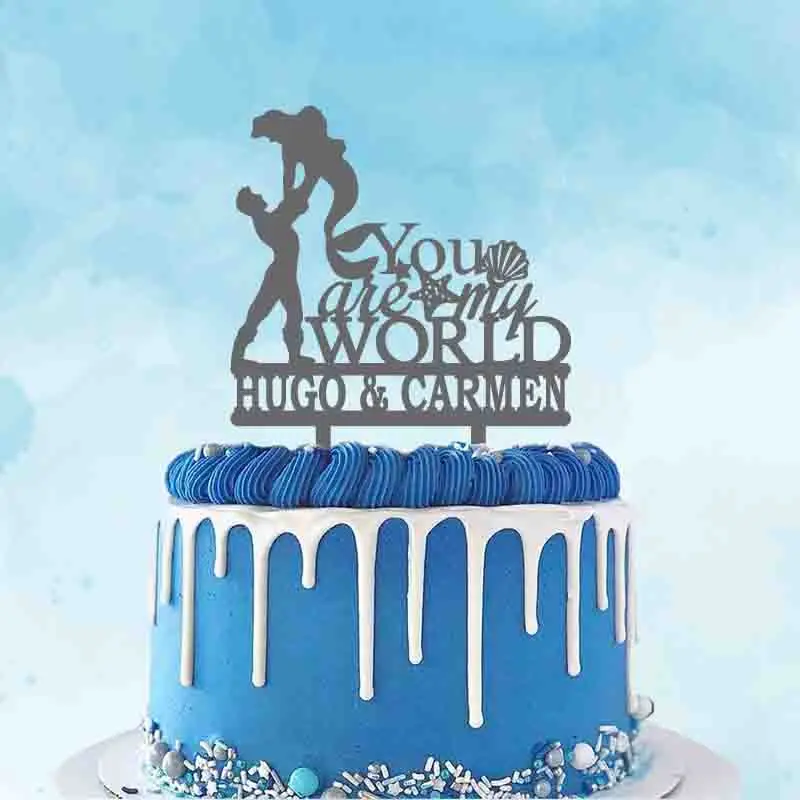 

Personalized Mermaid Wedding Cake Topper Custom Couple Name You Are My World Prince & Mermaid Topper For Wedding Party Decor