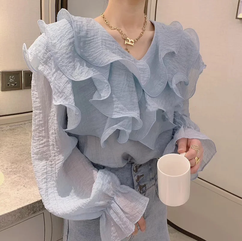 

Female Shirt Chiffon Long-sleeved Pleated Ruffled Slim Seaside Holiday Summer Tops Elegant Stand-up Collar Retro Floral Blouse