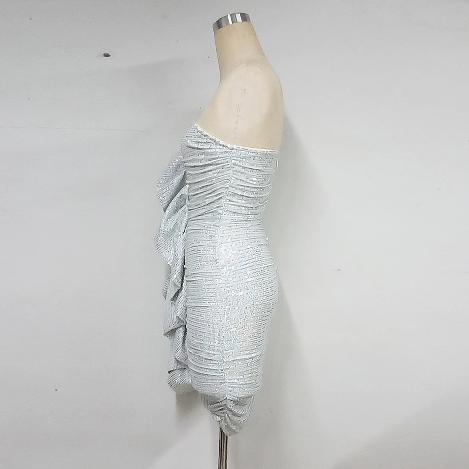 Женское платье без бретелек Liser серебристое мини-платье с оборками облегающее