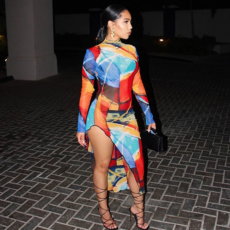 

Tie Dye Printed Bodycon Dress Women Festival Clothing Long Sleeve Sheath Bodycon Midi Night Club Sexy Party Dress with Slit