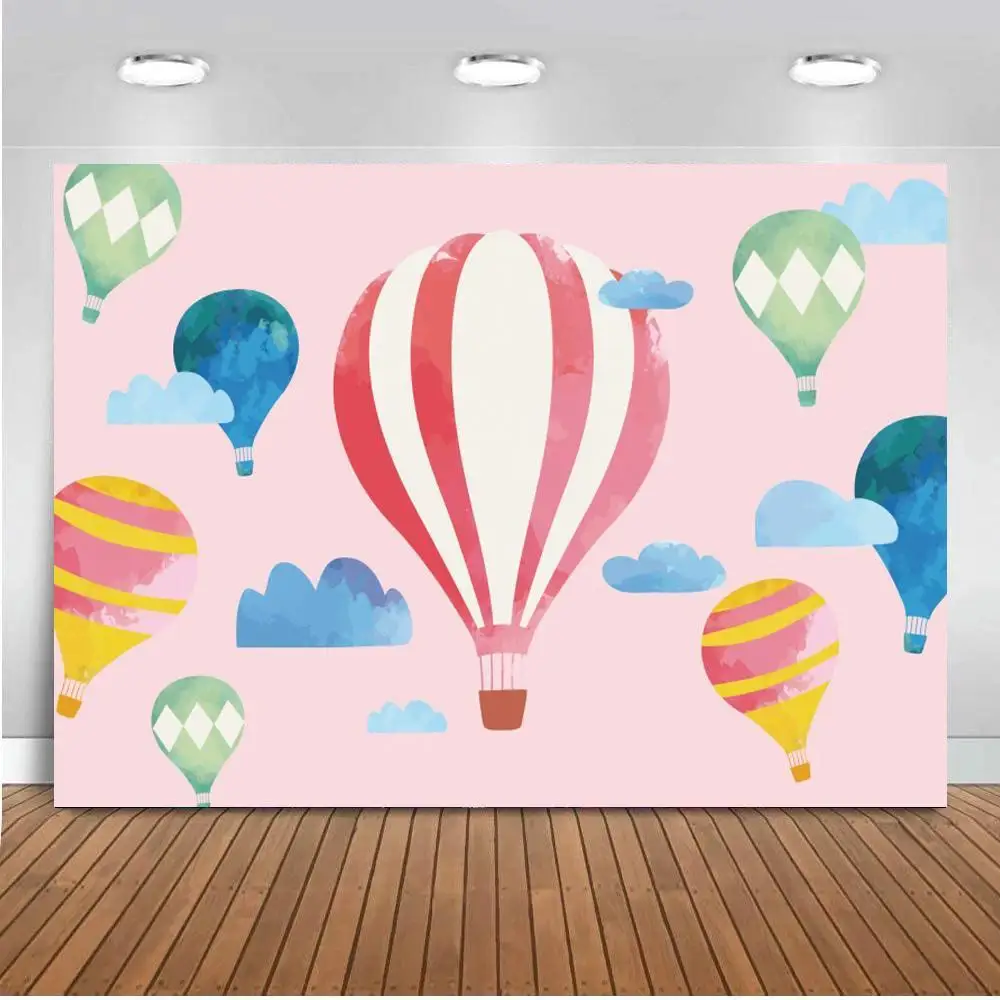 

Nitree Backgrounds For Photography Studio Pink Sky Cloud Red White Hot Air Balloon Kids Birthday Backdrop Decor Custom Photocall