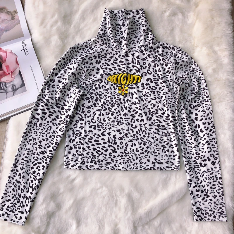 t shirt Harajuku Панк девушки леопард топы тройники Женщины Весна Осень футболка с длинным рукавом Письмо футболка с вышивкой удобные хлопковые топы - Цвет: t shirt