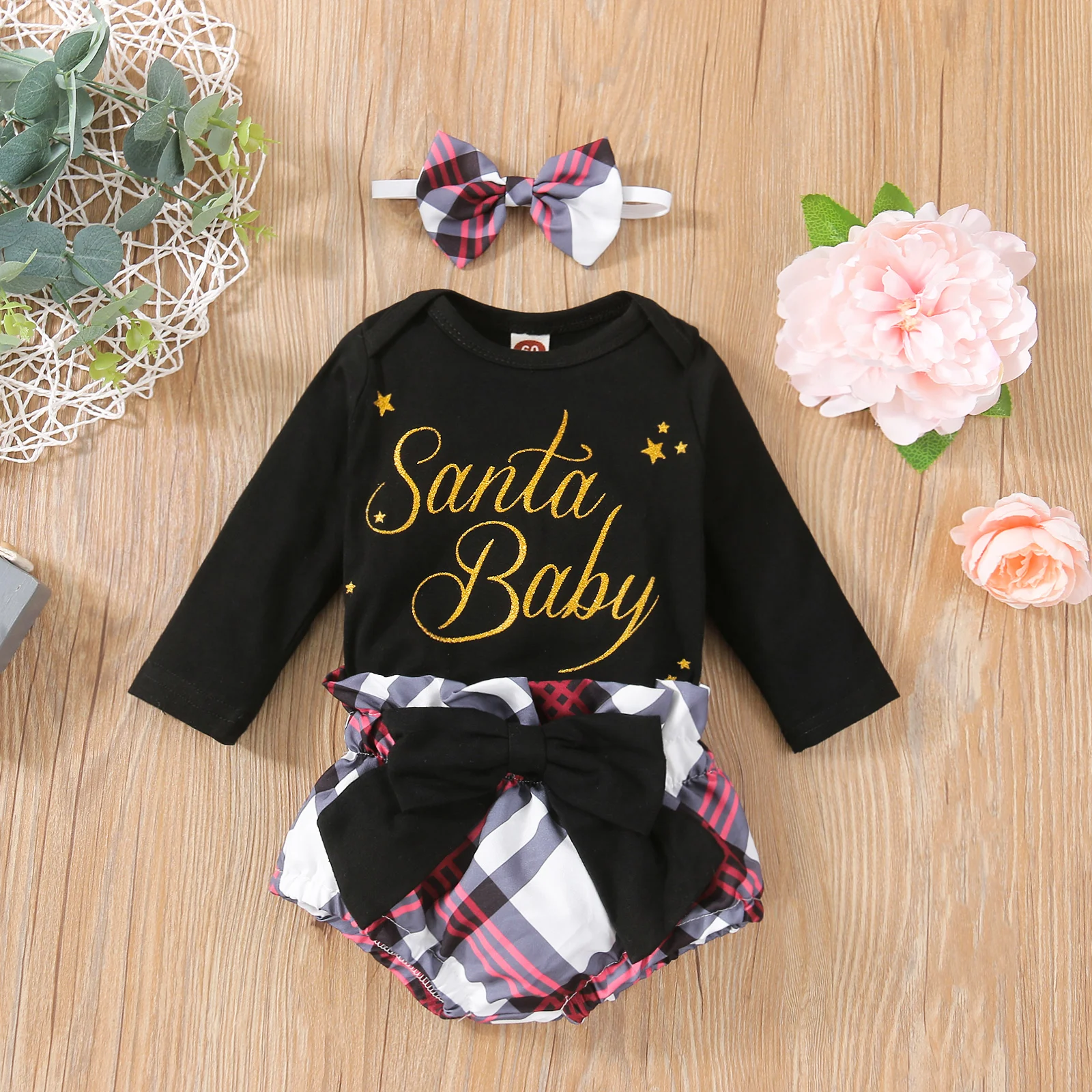 

0-24 Months Baby Girls Three-piece Clothes Set, Black Round Collar Long Sleeve Romper Plaid Printed Pattern Shorts and Headdress