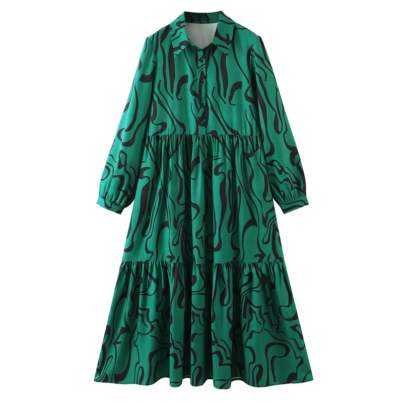 

ZXQJ Elegant Women Boho Print Dress 2021 Autumn Fashion Ladies Vintage Long Sleeve Dress Female Pleated Button A Line Midi Dress