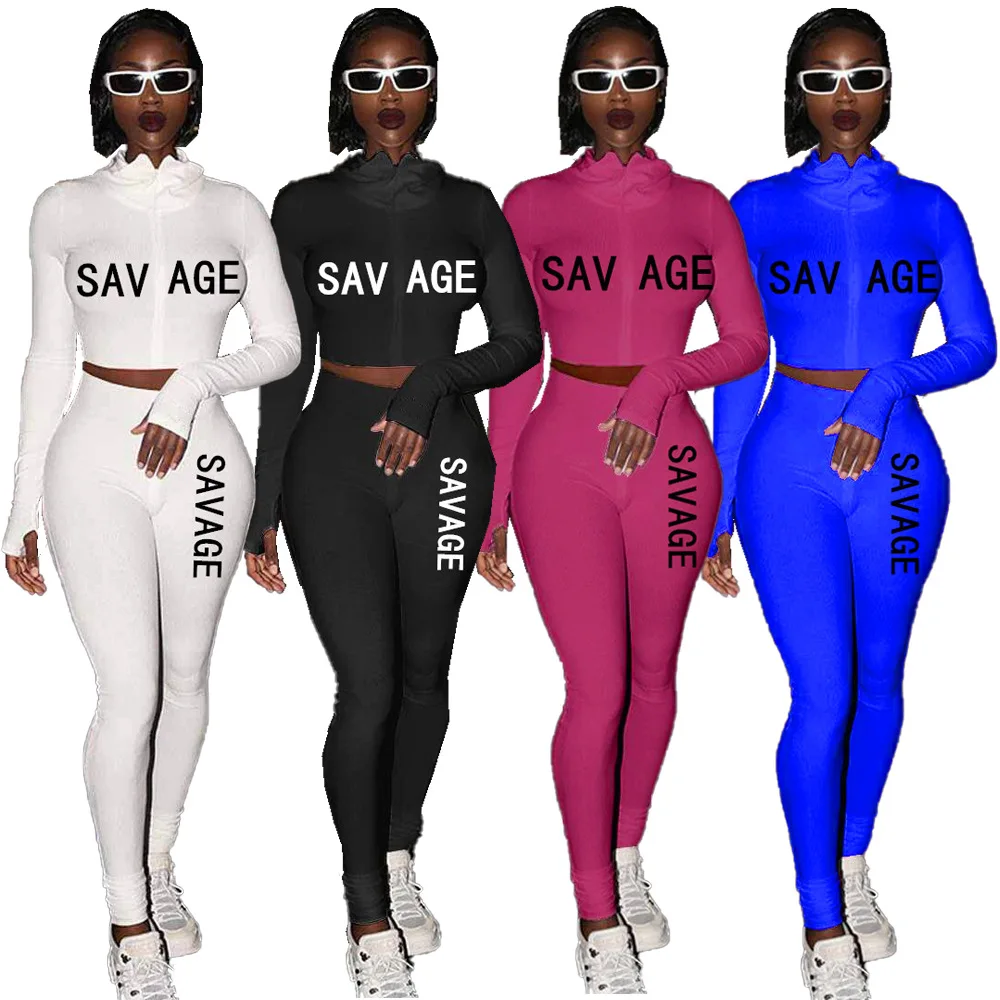

Classic Sexy Set Casual Letter Print Turtleneck Long Sleeves Zipper Crop Top European and American Women Two Piece Set