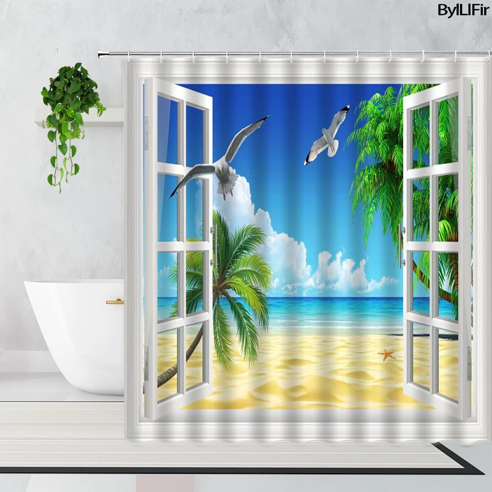 Window Ocean Landscape Shower Curtains Sunshine Beach Palm Tree Coconut Tree Natural Scenery Home Bathroom Curtain Bathtub Decor