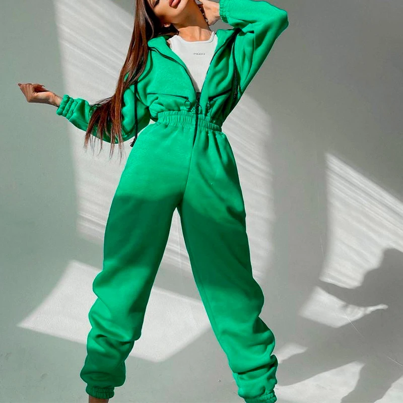 

Oversized Fleece Romper Women Jumpsuit Two Piece Set Hoodies Zipper Drawstring Jumpsuits Female 2021 Autumn Lady Causal Rompers