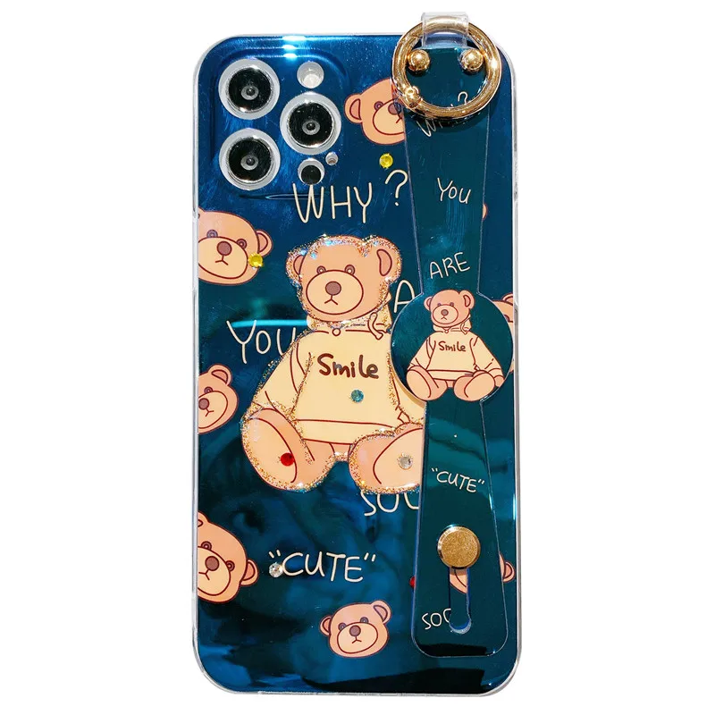 

Cartoon Bear Blu-ray diamond Wrist Bracket soft Phone case for iphone 12 Pro Max 11 Pro Max 12MiNi 7 8 Plus X XS Max XR SE 2020
