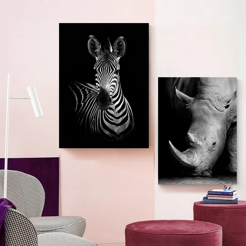 Рисунок на холсте со слоном зеброй львом жирафом Рино черно белые животные