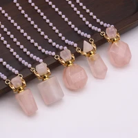 natural rose quartzs stone perfume bottle necklace pendant plus glass pearl chain reiki essential oil diffuser bottle gift 80cm