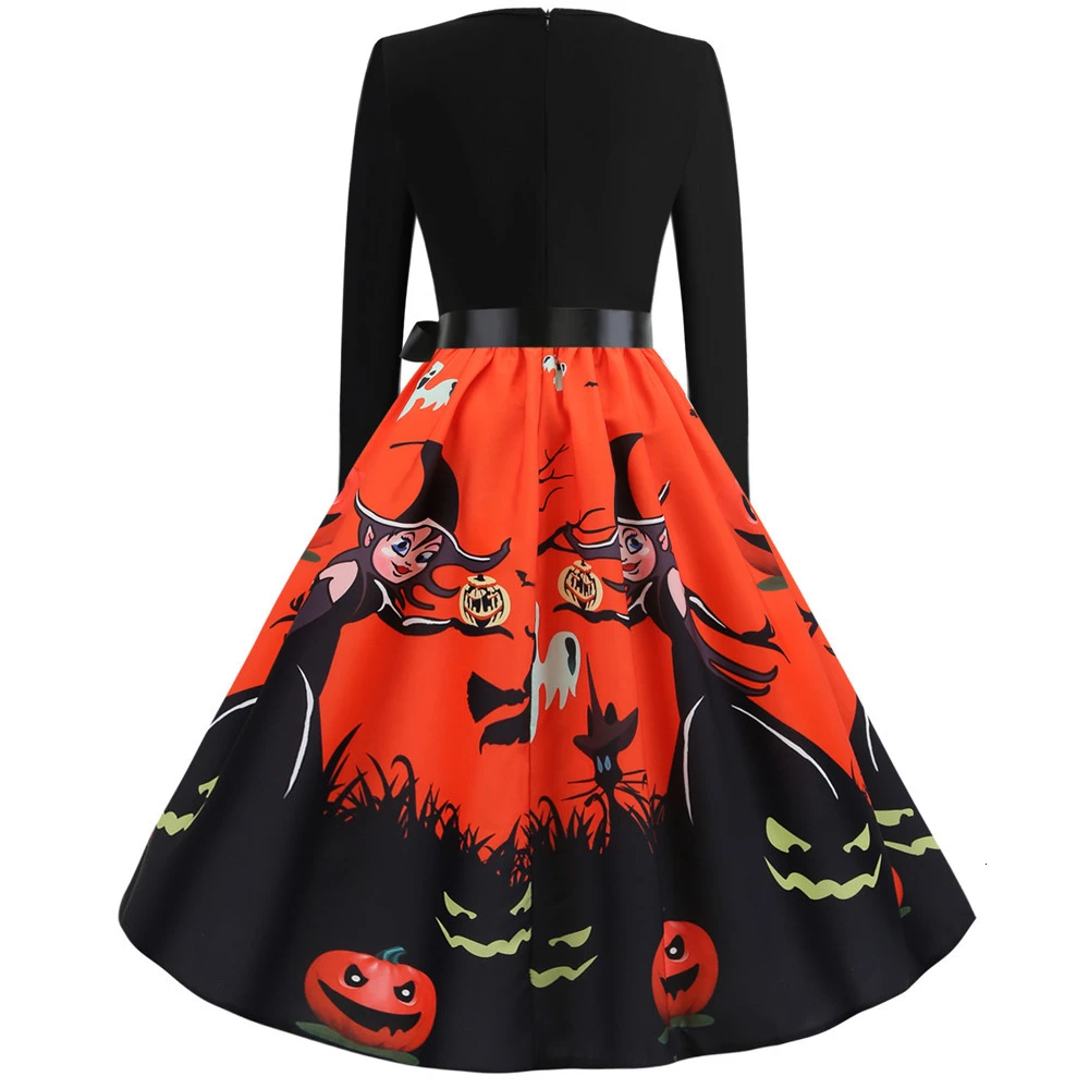 Halloween Dress Summer 2019 New Cartoon Skull Pumpkin Print Long Sleeve Nightmare Before Christmas Robe Vintage Dresses Pinup | Женская