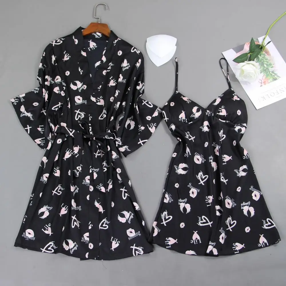 

Новый женский халат, Бальные комплекты, дамские атласные кружевные халаты с длинными рукавами, ночная рубашка, шелковые пижамные комплекты,...