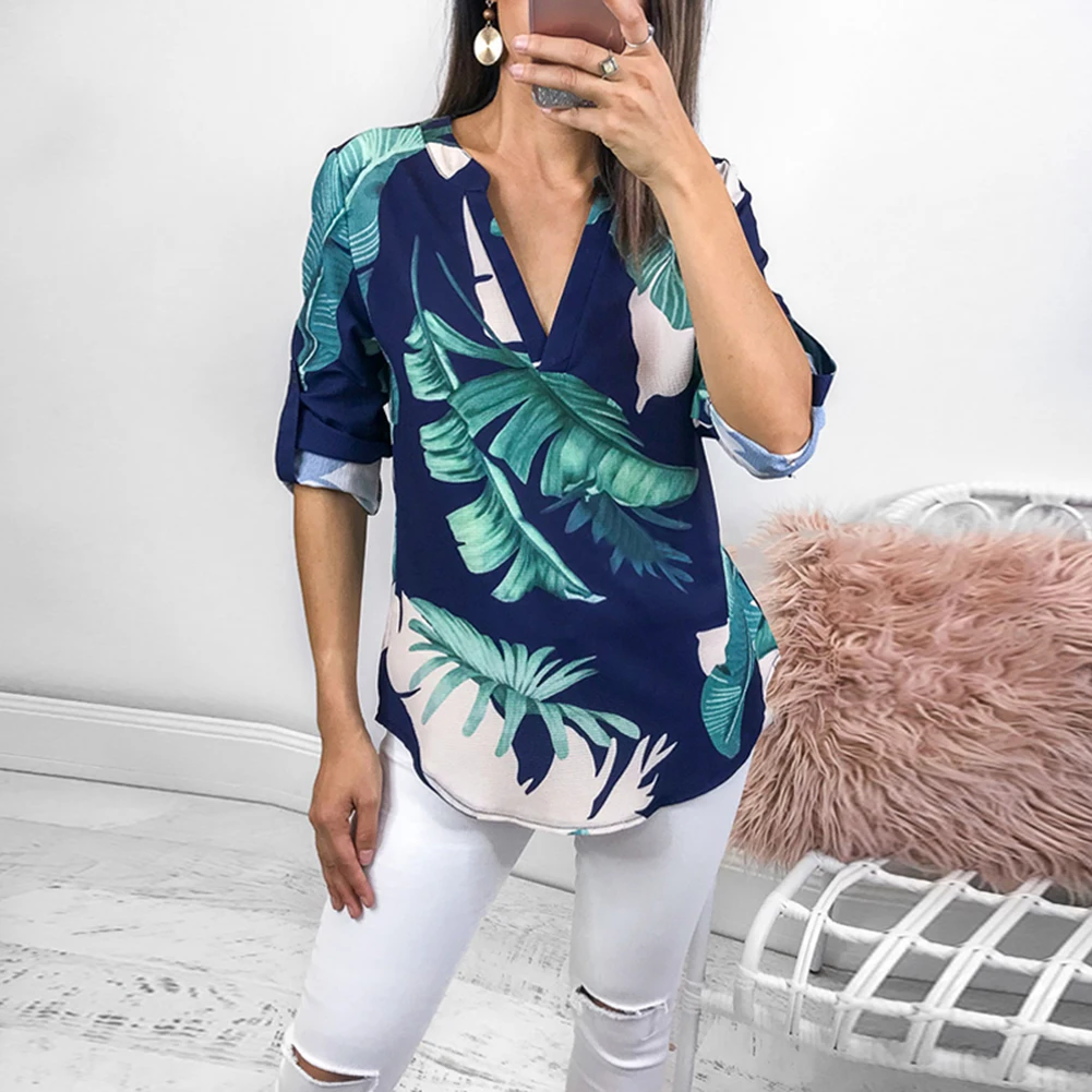 

Womens Long Sleeve V Neck Leaves Printed Blouse Tops Fashion Ladies Summer Casual Blouse Loose Shirt Blusas Mujer De Moda #30