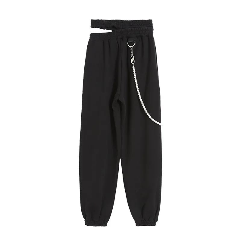 

Mozision Cotton Pearl Chain Double Waistband Harem Pants Women Solid Plus Velvet Trousers Ladies 2021 Spring New Sporty Pants