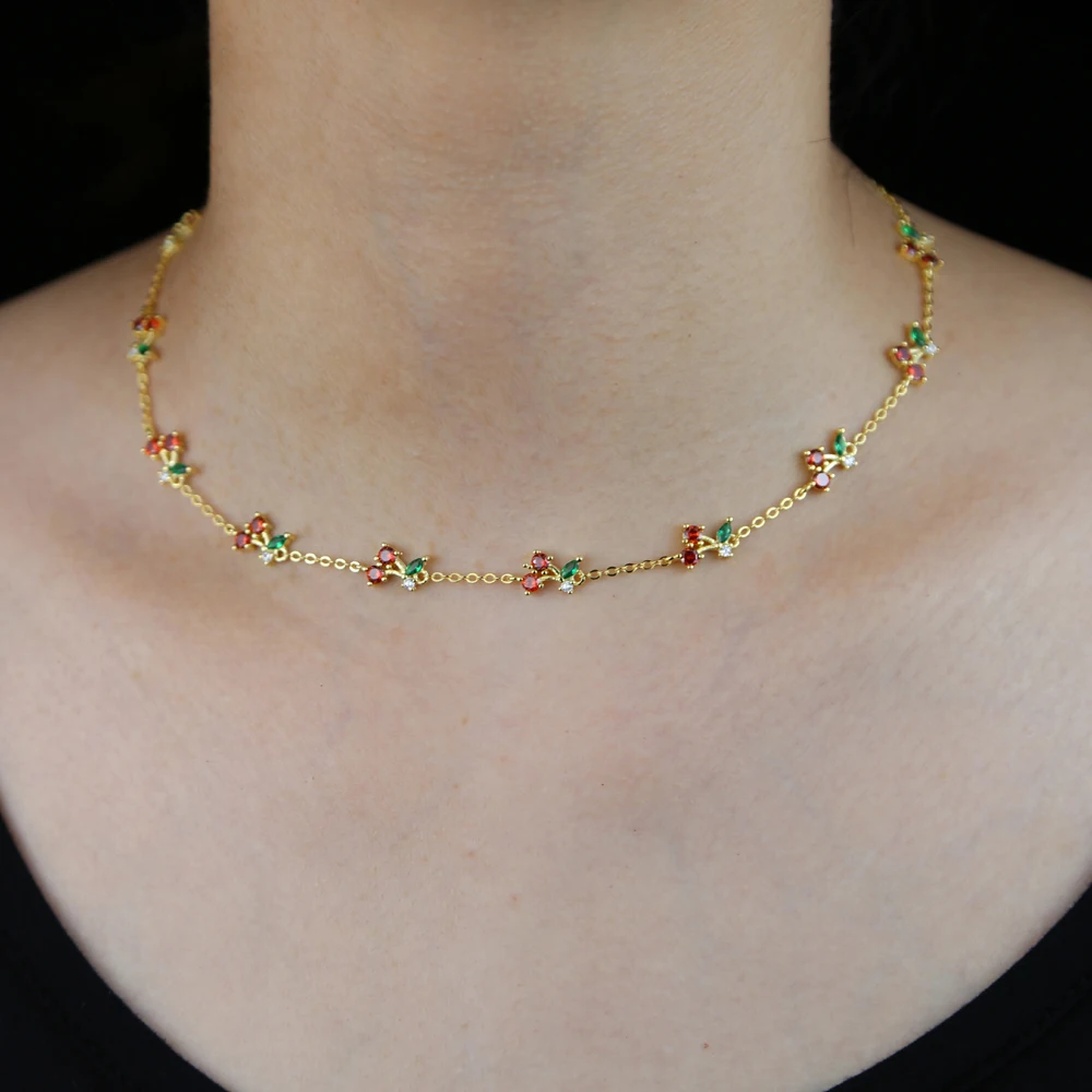 

cherry necklace 5A cubic zirconia cz Gold color link chain Chic women chokers