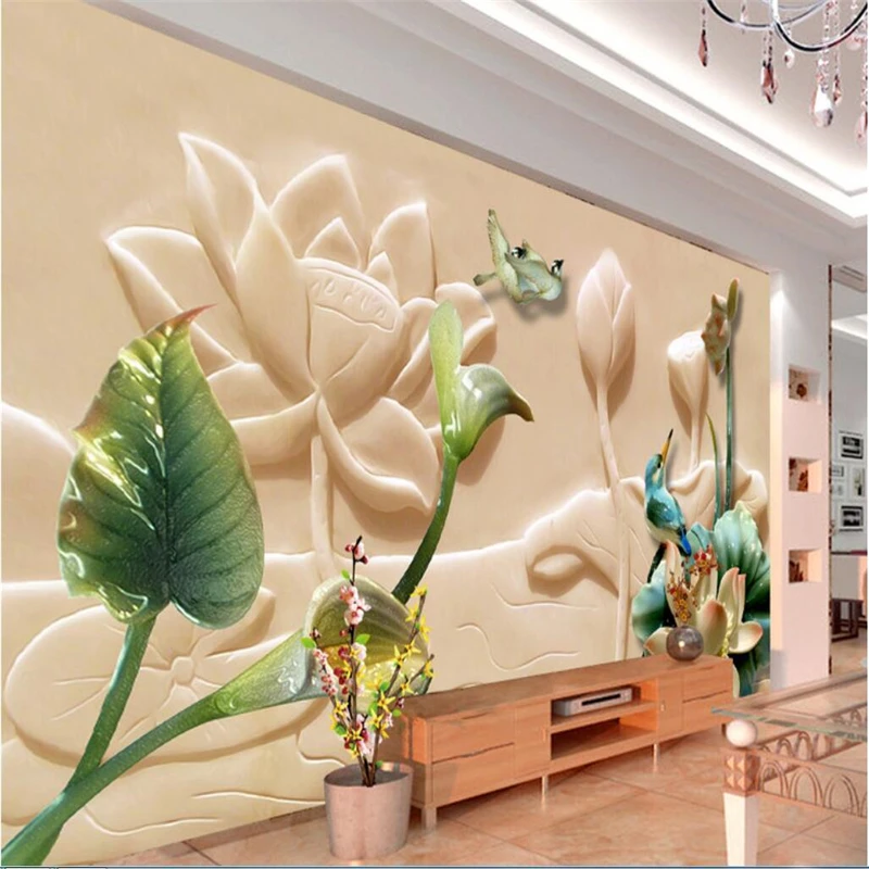 3DBEIBEHANG Large mural wallpaper custom any size photo Aesthetic jade carved lotus birds living room bedroom background wall |