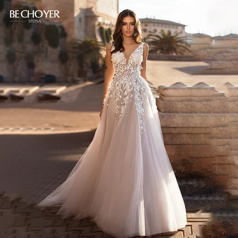Vintage V-neck A-Line Wedding Dress Appliques 3D Flowers Backless Princess BE CHOYER N128 Bride Gown Customized Vestido De Noiva | Свадьбы и