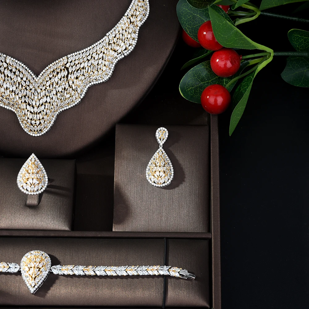 HIBRIDE роскошный двойной тон женский свадебный комплект ювелирных изделий из