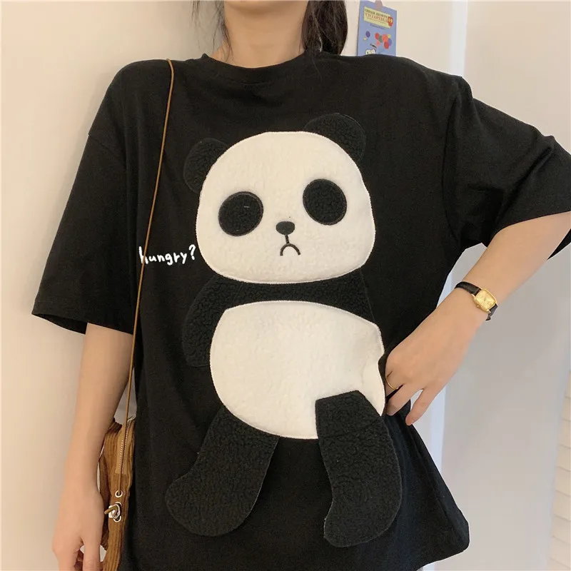 Летние флисовые футболки с рисунком панды женские Kawaii Свободный Топ для девушек