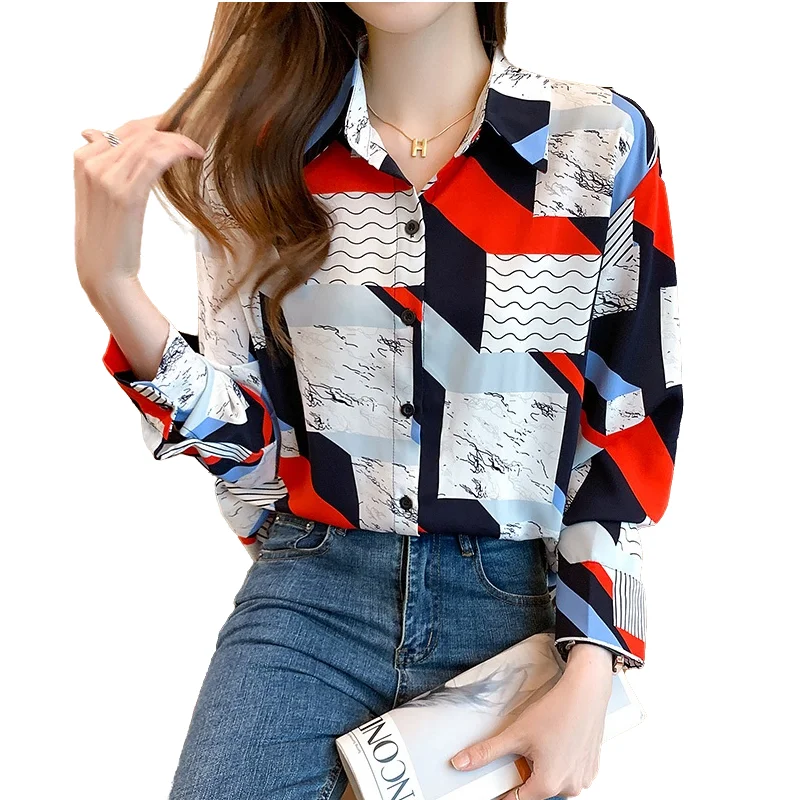 

Vintage Clothing Woman Shirt 2021 Autumn Geometric Pattern Printed Fashion Blouses Office Ladies Casual Oversized Top