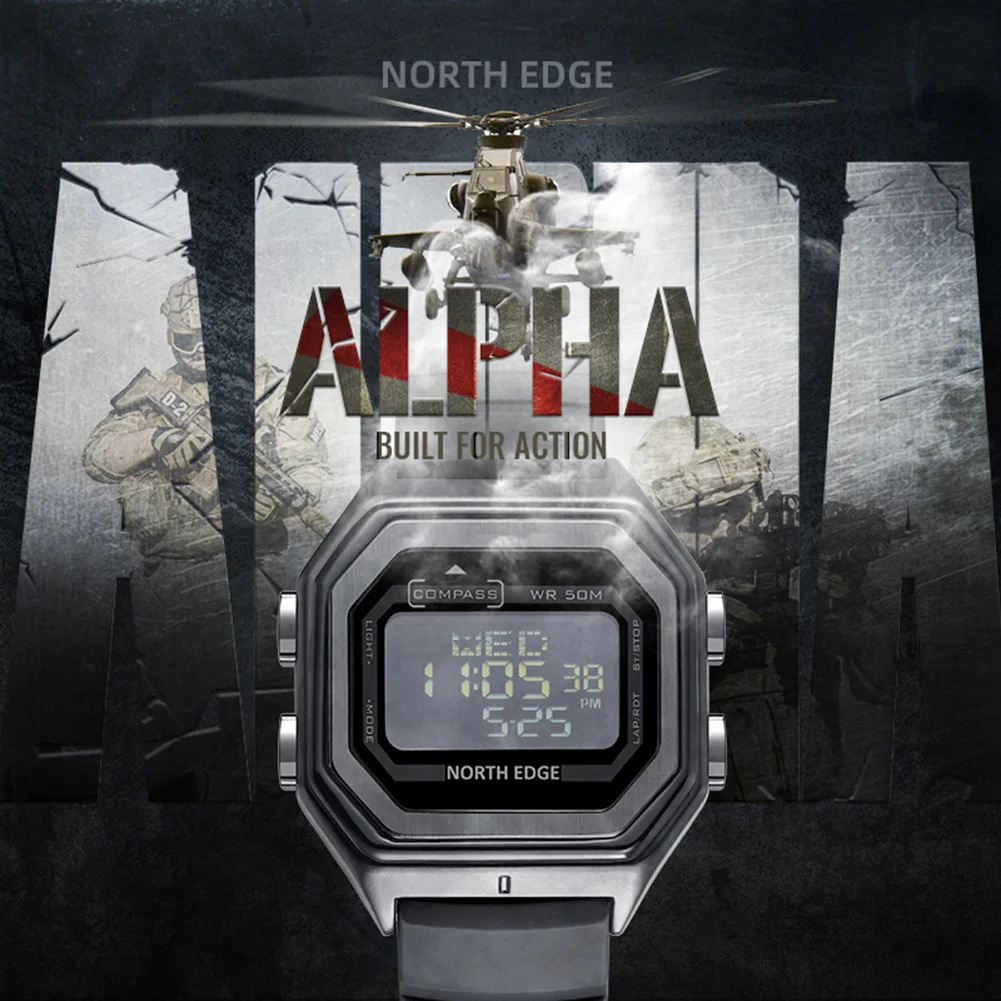 

NORTH EDGE Cycling Digital Sports Watch NEW 50M Waterproof Watch Compass World Time Stopwatch Countdown ​Army Military Watch HOT