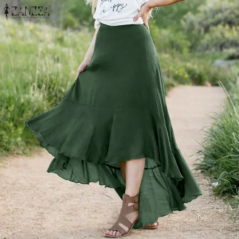

Модные асимметричные юбки, женский летний сарафан ZANZEA 2022, повседневные женские макси-юбки с высокой талией халат с оборками 7