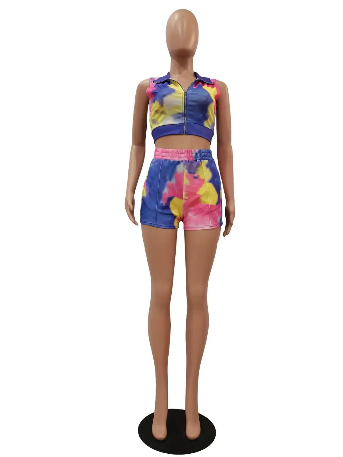 

Women Sport Two Piece Set Tie Dye Zipper Up V Neck Blouses Tops+ Elastic Shorts Jogger Sweatpants Suit Tracksuit Matching Set