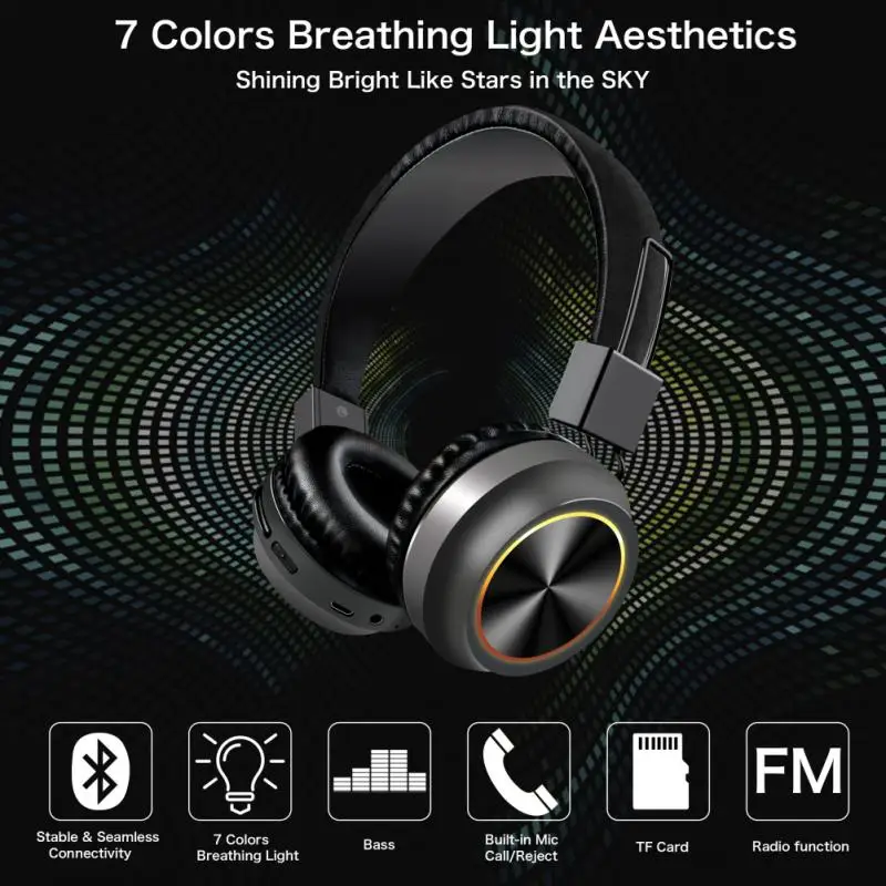 Bluetooth 5.0 Headphones Wireless Headset Foldable LED Light Stereo Gaming Earphone With Mic For Iphone Xiaomi PC | Электроника