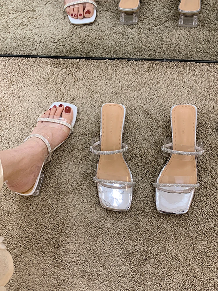 

Female Shoes Ladies' Slippers Women Heels Glitter Slides Fashion Square heel Med 2021 High Jelly Flat Luxury Block Rubber Pumps