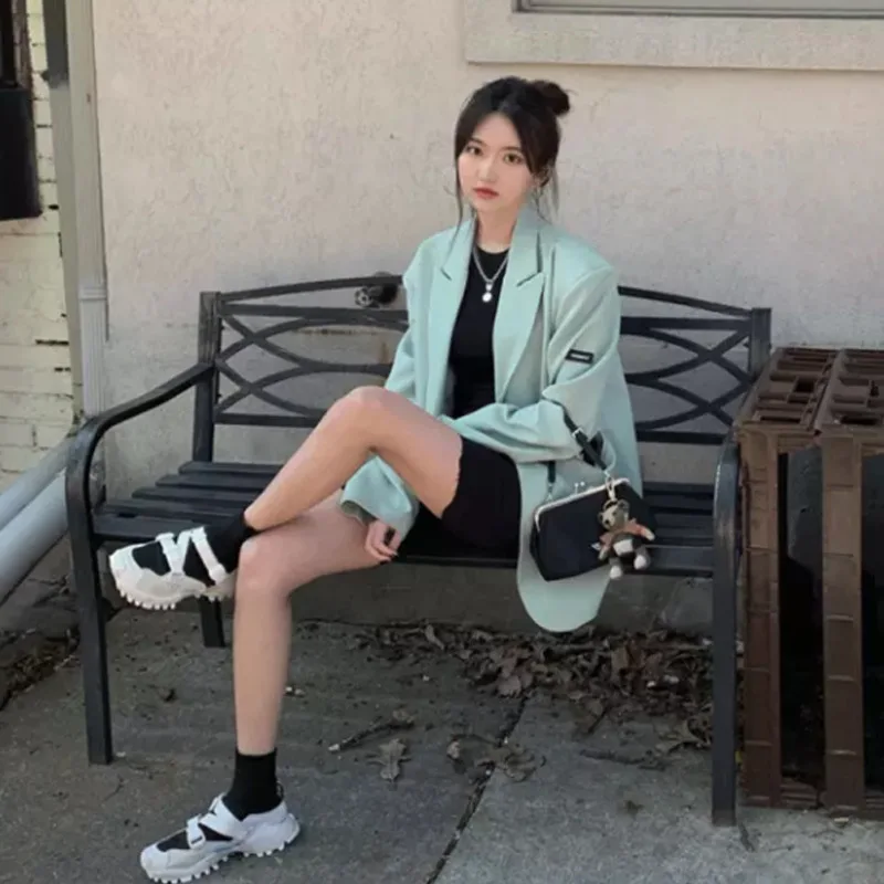 

GVUW Women Blue Hole Blazer New Natched Neck Long Sleeve Loose Fit Jacket Fashion Streetwear Tide Spring Autumn 2021 20D884