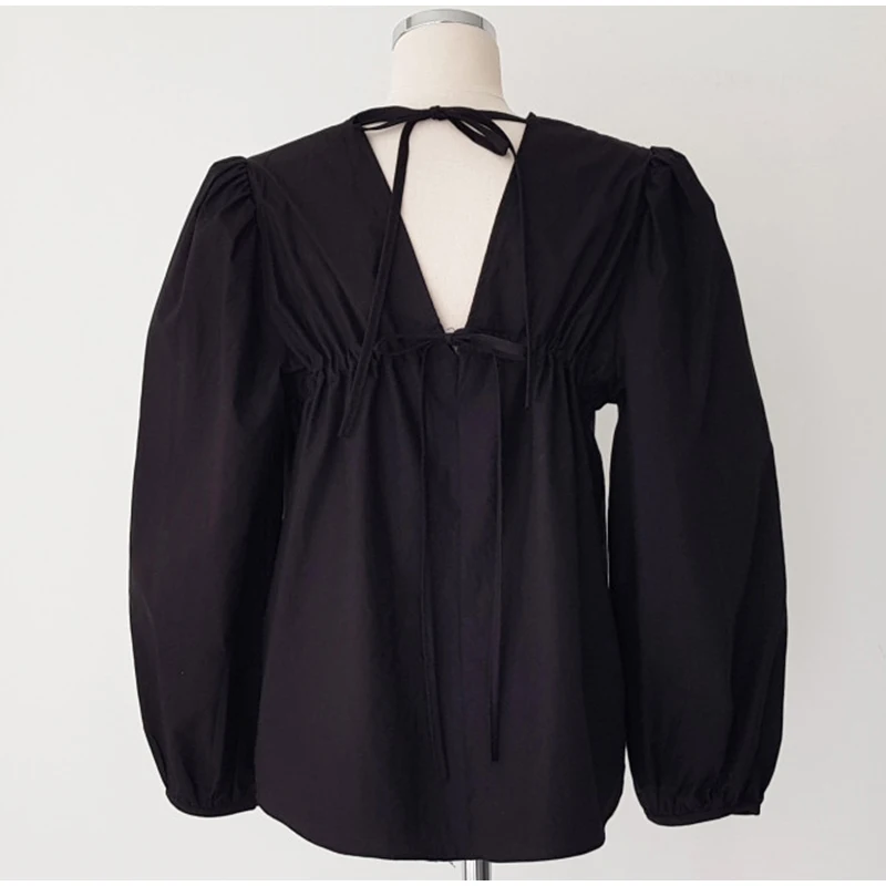 

Korean Women Clothes Summer Spring Lace Up Back Sexy Backless Round Neck Puff Long Sleeve White Women Blouse and Tops Shirts