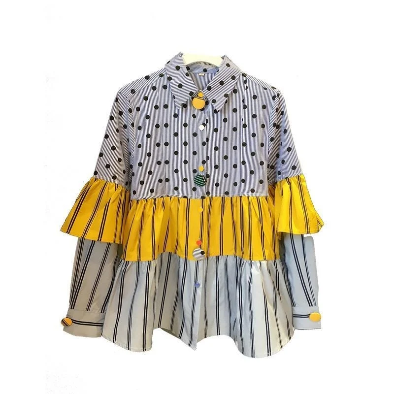 

Loose Polka Dot Pactchwork Women Shirts Summer Vintage Ruffles Elegant Office Lady Outwear Tops
