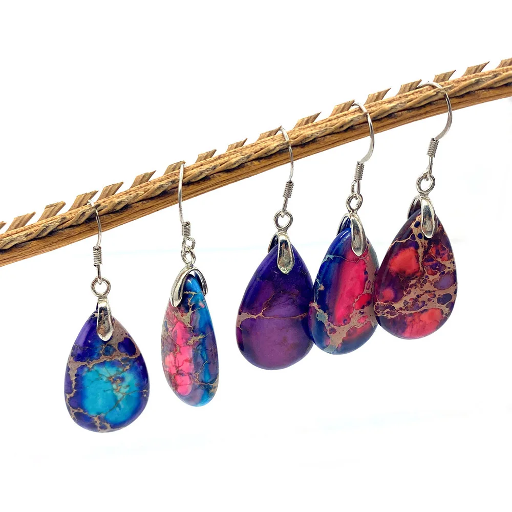 

Natural Stone Pendant Earrings Drop-shaped Colorful Pattern Ear Hooks Teardrop Turquoise Earrings Ladies Jewelry Accessories