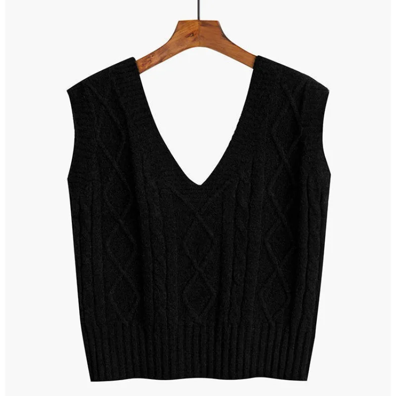 

Short Style Women's Spring Autumn Knitted Vest Solid Deep V Neck Loose Ladies Waistcoat Sleeveless Casual Vests for Female