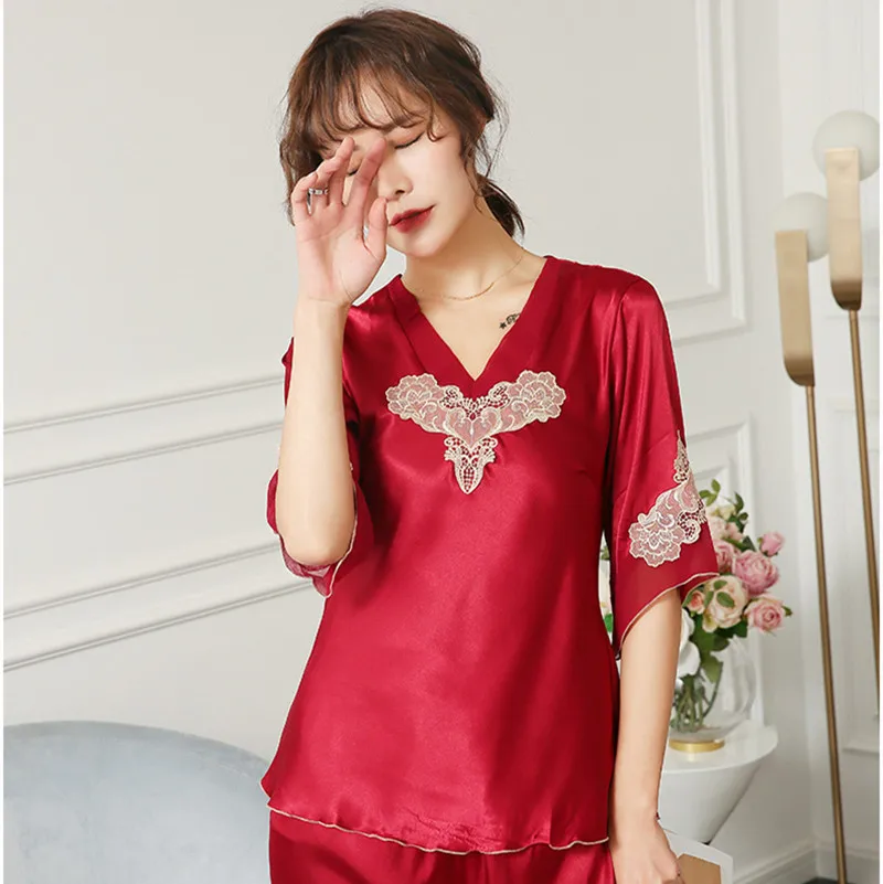Fdfklak Silk Pajamas V-Neck Pyjamas Woman Night Sleepwear Set Pijama Sexy 2 Piece Home Clothes 2020 New Summer Top+Pant | Женская одежда