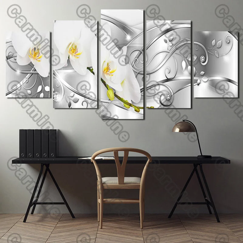 

Poster White and Yellow Flower Silver Background Canvas Painting 5Pcs Posters Painting Wall Art Decoration for Living Room